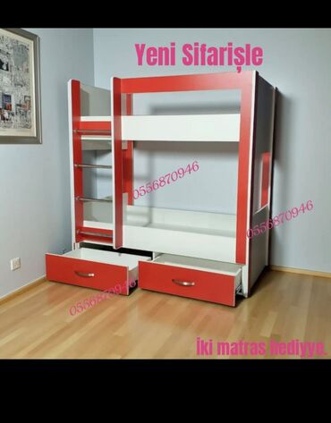 İkimərtəbəli uşaq çarpayıları: Oğlan və qız üçün, Yeni, Çarpayı, Matras ilə, Siyirməli, Laminat — 9