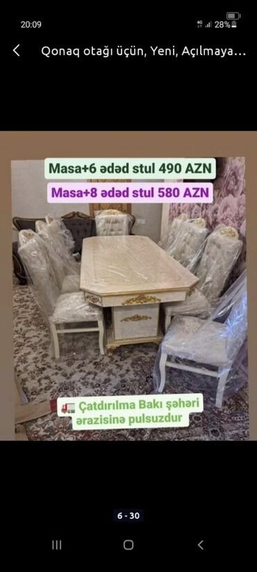 Masa və oturacaq dəstləri: Qonaq otağı üçün, Yeni, Açılmayan, Dördbucaq masa, 6 stul — 23