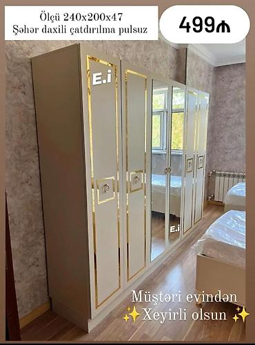 divan taxta: Ağ rəngli, qızılı dekor xətləri ilə modern 4 qapılı şkaf. Ön hissədə — 1