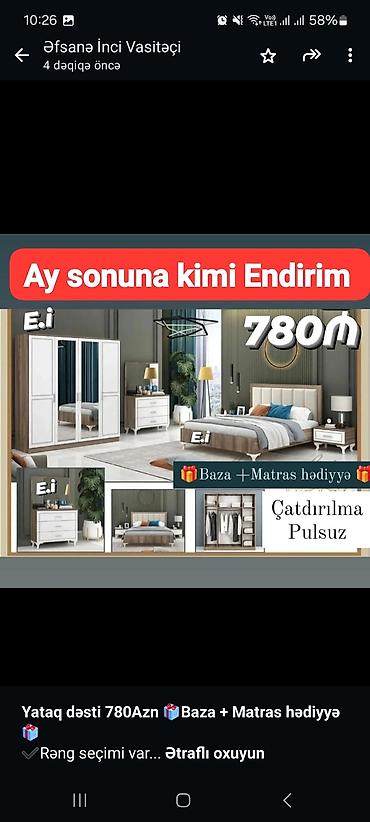 yataq ortuleri: *Yataq dəsti 780Azn 💥Baza + Matras hədiyyə🎁* 💥ENDİRİM 3 GÜN 💥 ✔️Rəng — 2