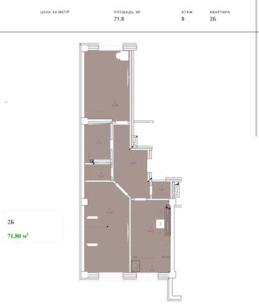 2 комнаты, 72 м², Элитка, 8 этаж, ПСО (под самоотделку)