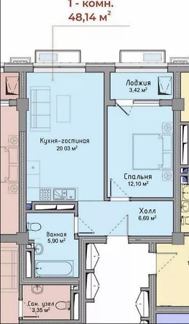 коктал: 1 комната, 48 м², Асанбай мкр Элитка, 8 этаж, ПСО (под самоотделку) — 5
