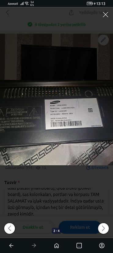 smart tv box: İşlənmiş Televizor Samsung LCD 32" HD (1366x768), Ünvandan götürmə — 2