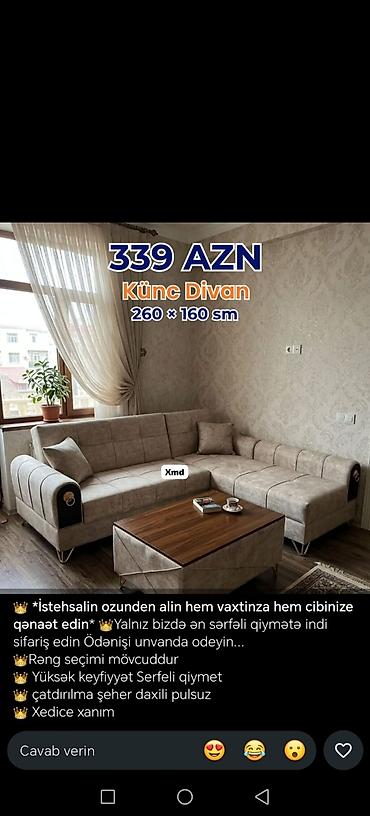 Ev üçün mebel: Künc Divan – 260 × 160 sm - Qiymətlər: 319 AZN, 339 AZN və 850 AZN — 2
