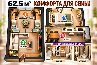 2 комнаты, 63 м², Асанбай мкр Элитка, 14 этаж, ПСО (под самоотделку)
