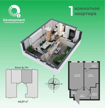 квартира моладая гвардия: 1 комната, 46 м², Элитка, 7 этаж, ПСО (под самоотделку)