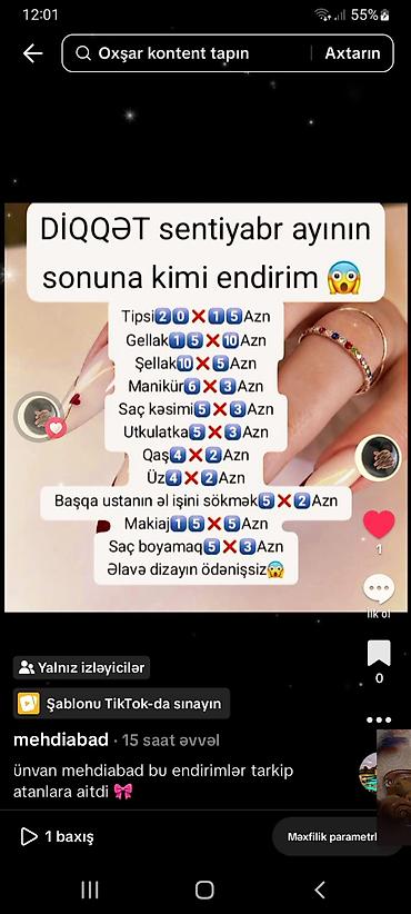 gellak 2021: Xidmət: Gözəllik və baxım (Mehdiabad) Sentyabr ayının sonuna kimi — 1