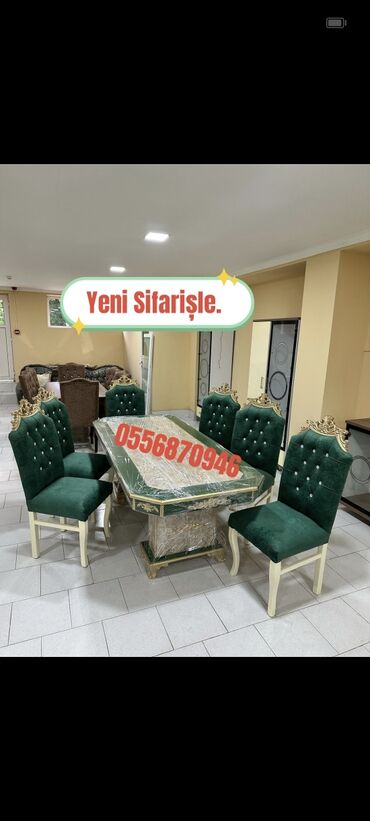 Masa və oturacaq dəstləri: Qonaq otağı üçün, Yeni, Açılmayan, Dördbucaq masa, 6 stul — 9