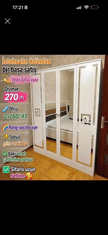 Ağ rəngdə, güzgülü 4 qapılı geyim dolabı. - Ölçü: 2 x 160 x 47 - Rəng