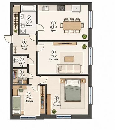 эмаком: 3 комнаты, 79 м², Селекционное с. Элитка, 5 этаж, Готовая ПСО (под самоотделку) — 1
