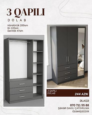 paltar skaf: 3 qapılı paltar dolabı – funksional dizayn, tünd boz rəng. Ölçülər: - — 1