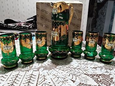 sufre dekoru: Bohemia üslubunda şüşə süfrə dəsti - Rəng: zümrüd-yaşıl şüşə, 24K — 1