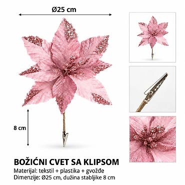 KMT Božićni cvet sa štipaljkom i listovima, roze – dekorativni element