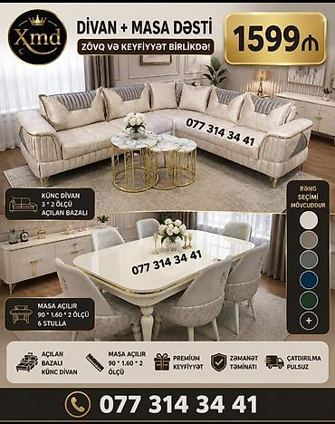 DİVAN + MASA DƏSTİ - Künc divan: 3 x 2 ölçü, açılan bazalı. Zərif