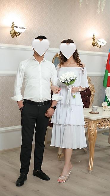 Toy paltarları və aksesuarları: Ağ rəngli, çiyinlər açıq midi paltar. Yüngül, axıcı parça; üçqat qatlı — 4