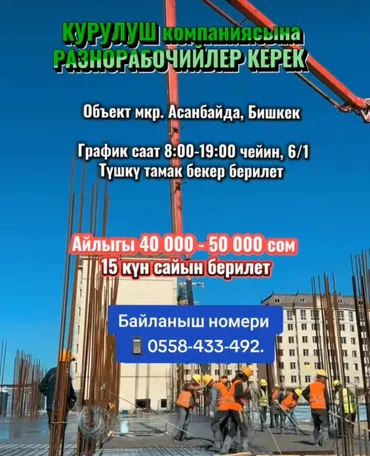 Талап кылынат Ар түрдүү жумуштарды жасаган жумушчу, Төлөм Бир айда эки жолу, Тажрыйбасыз
