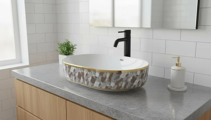 Овальная накладная раковина белого цвета с декоративной отделкой под