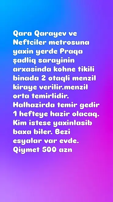Mənzil, 2 otaqlı, icarəyə verilir, Bakı