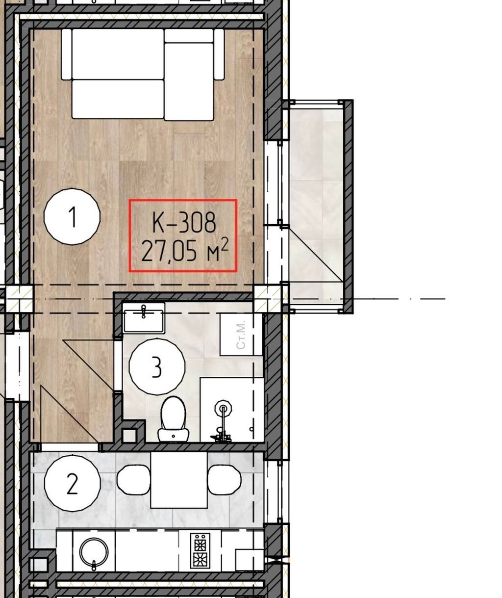 1 комната, 27 м², Индивидуалка, 3 этаж, ПСО (под самоотделку): фото 2
