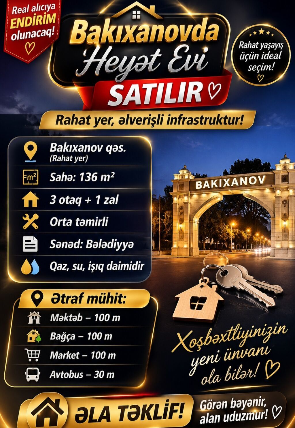 Bakıxanov qəs. 4 otaqlı, 136 kv. m, Kredit yoxdur, Orta təmir
