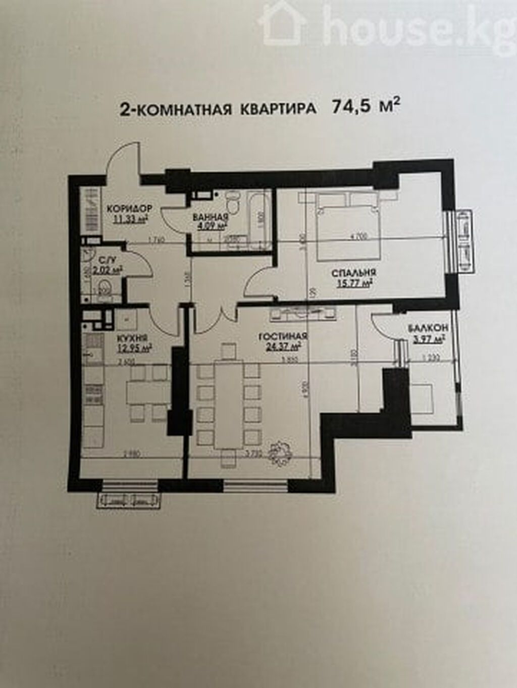 2 комнаты, 74 м², Асанбай мкр Элитка, 4 этаж, ПСО (под самоотделку): фото 3
