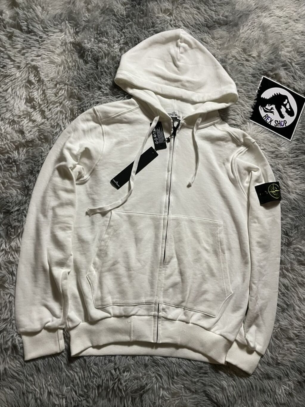 Худи на молнии Stone Island, белое - Классический крой с капюшоном на: фото 3