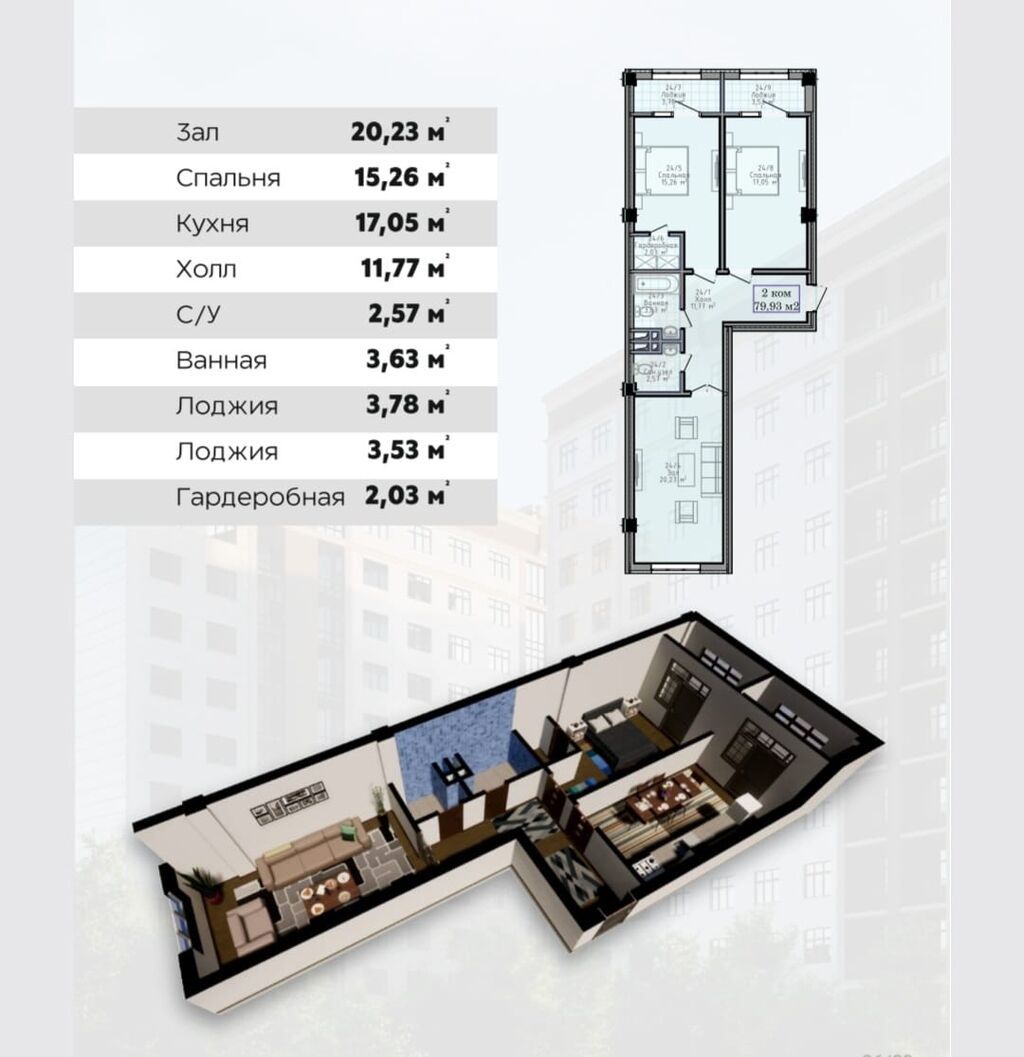 2 комнаты, 80 м², Ошский мкр., Элитка, 2 этаж, ПСО (под самоотделку): фото 3