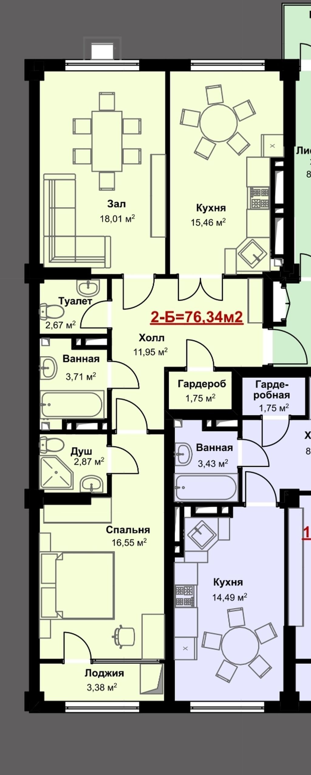 2 комнаты, 76 м², Кок-Жар ж/м Элитка, 6 этаж, ПСО (под самоотделку): фото 3