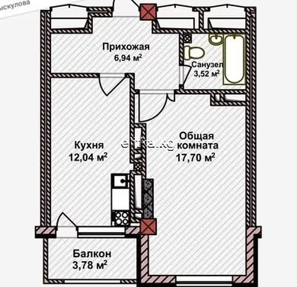 1 комната, 45 м², Ошский рынок / базар Элитка, 12 этаж, ПСО (под самоотделку): фото 4