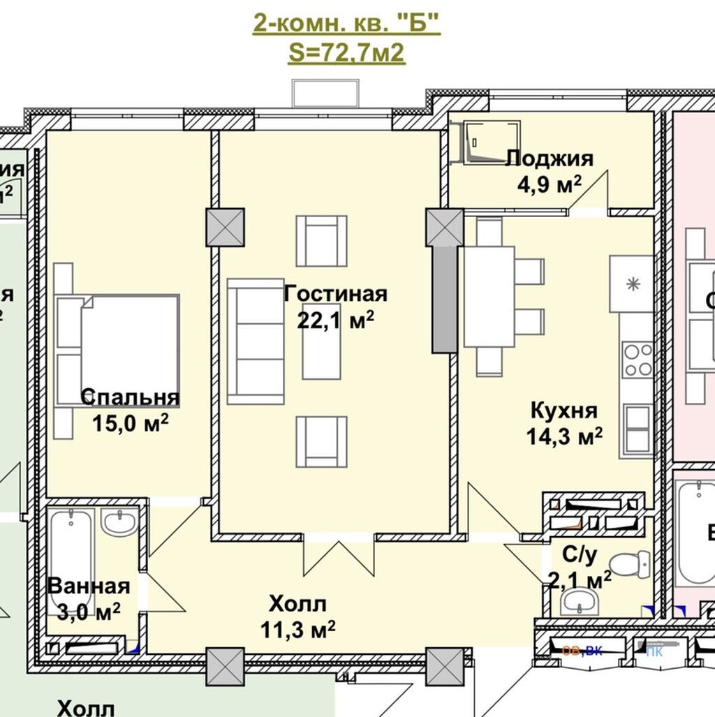 2 комнаты, 72 м², БГУ Элитка, 4 этаж, ПСО (под самоотделку): фото 4