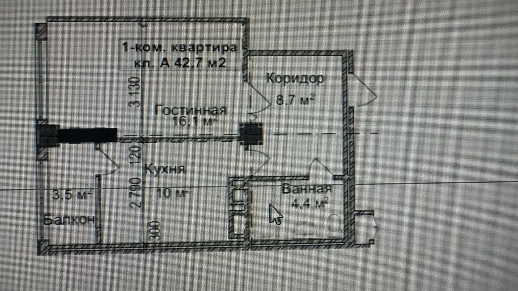 1 комната, 43 м², Элитка, 9 этаж, ПСО (под самоотделку): фото 3
