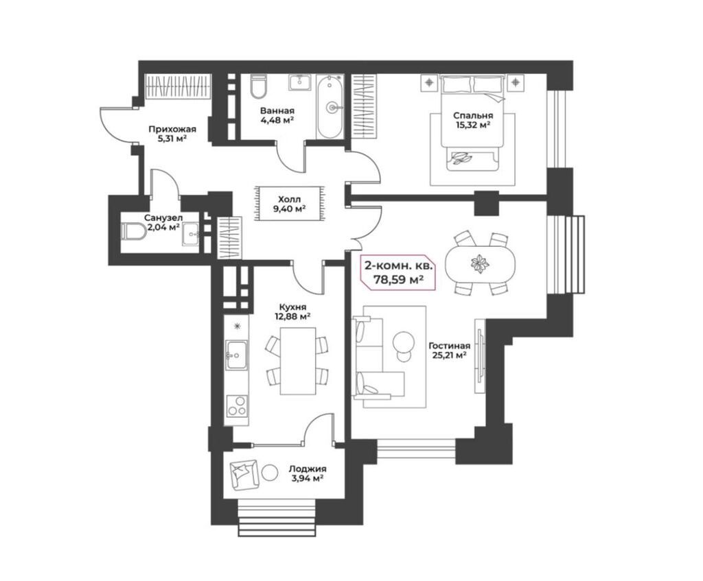 2 комнаты, 78 м², Восток-5 мкр 7 этаж, ПСО (под самоотделку)