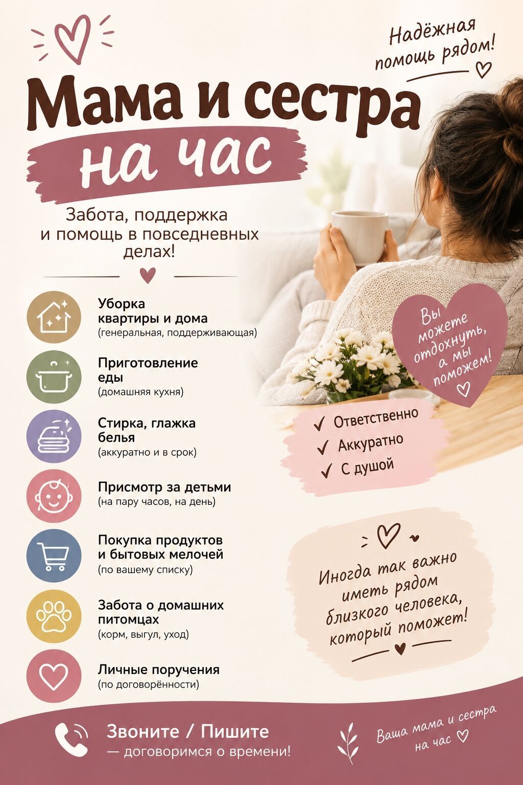 МАМА И СЕСТРА НА ЧАС Помощь по дому, детям и в повседневных делах