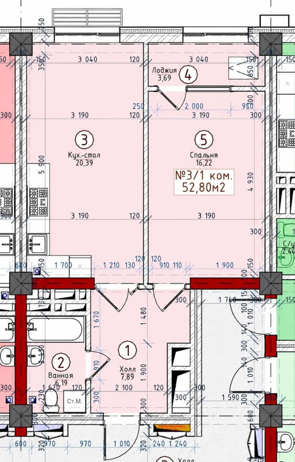 1 комната, 52 м², Восток-5 мкр Элитка, 10 этаж, ПСО (под самоотделку): фото 2