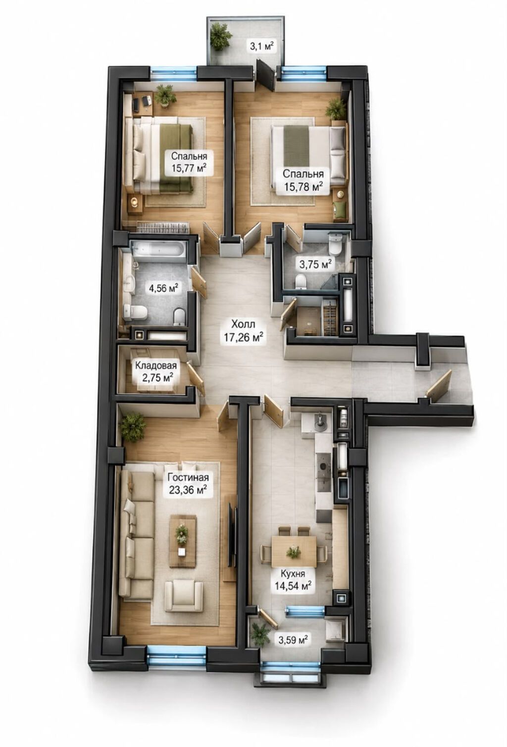3 комнаты, 103 м², Асанбай мкр Элитка, 11 этаж, ПСО (под самоотделку): фото 3