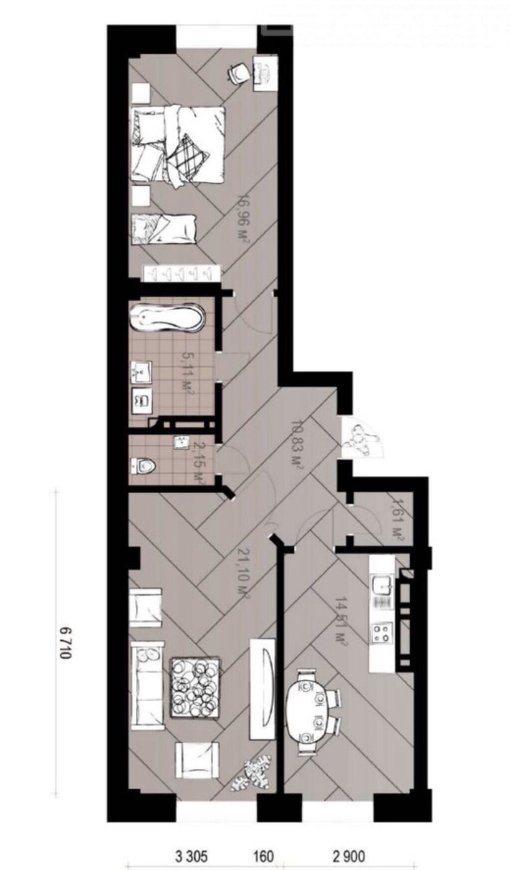2 комнаты, 71 м², Асанбай мкр Элитка, 12 этаж, ПСО (под самоотделку): фото 4