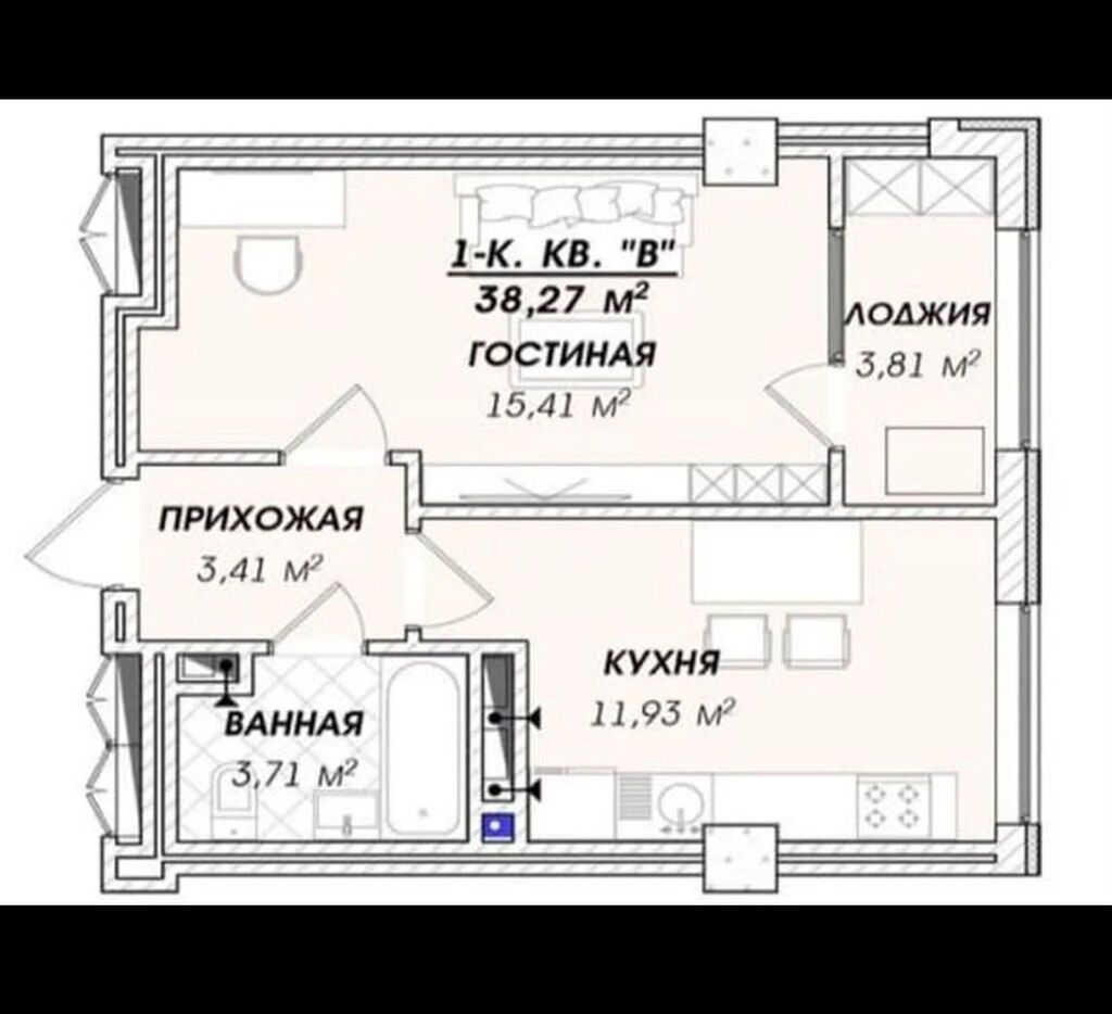 1 комната, 38 м², Азия Молл Элитка, 9 этаж, ПСО (под самоотделку): фото 2