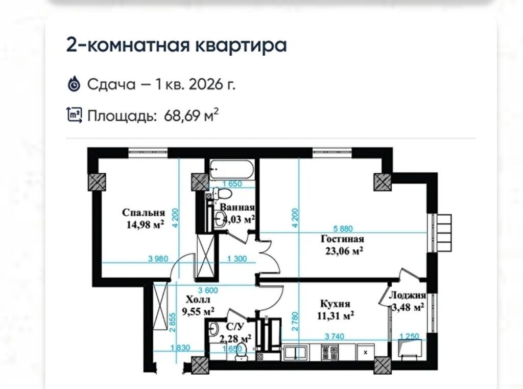 2 комнаты, 69 м², Пишпек Элитка, 8 этаж, ПСО (под самоотделку): фото 3
