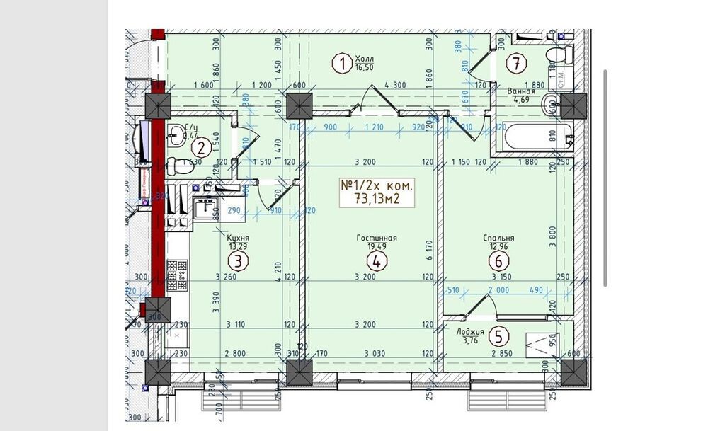 2 комнаты, 72 м², Элитка, 12 этаж, ПСО (под самоотделку): фото 2