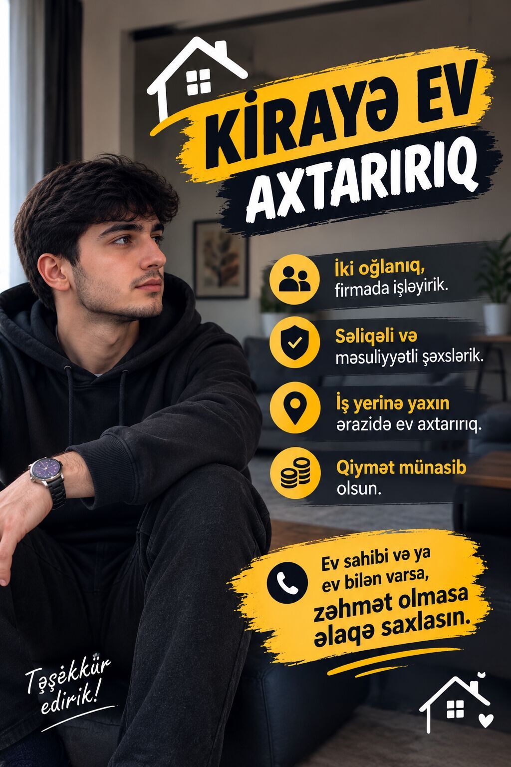 Kirayə ev axtarılır - İki oğlanıq, firmada işləyirik. - Səliqəli və