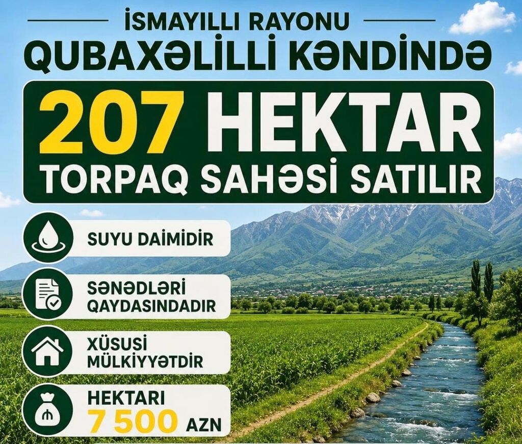 İsmayıllı rayonu Qubaxəlilli kəndində 207 hektar torpaq sahəsi satılır