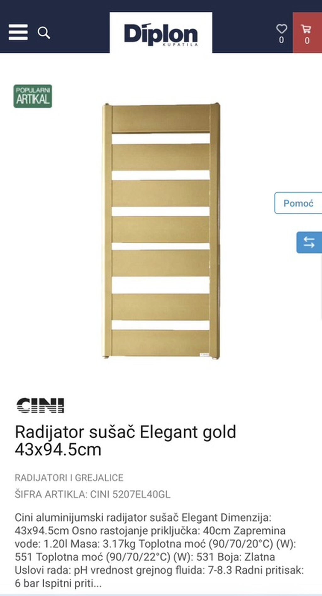 Oprema za grejanje: CINI aluminijumski radijator-sušac Elegant Gold 43 x 94,5 cm - Tip