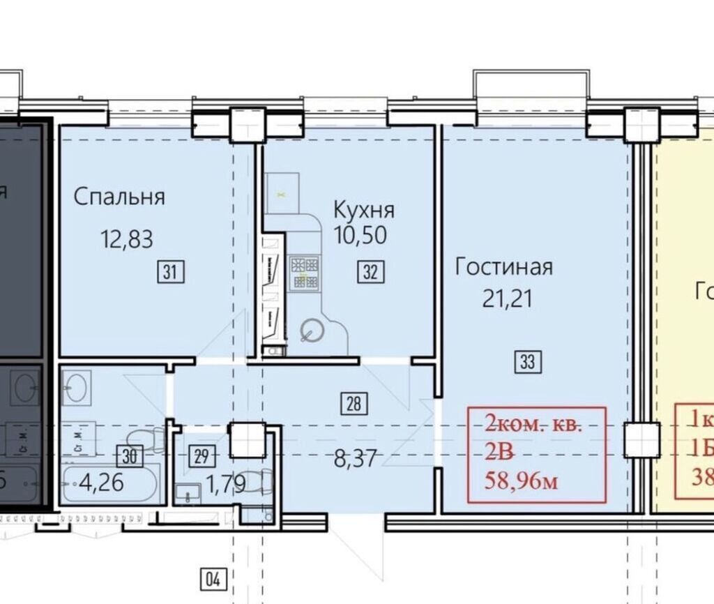 2 комнаты, 59 м², Асанбай мкр Элитка, 4 этаж, ПСО (под самоотделку): фото 3