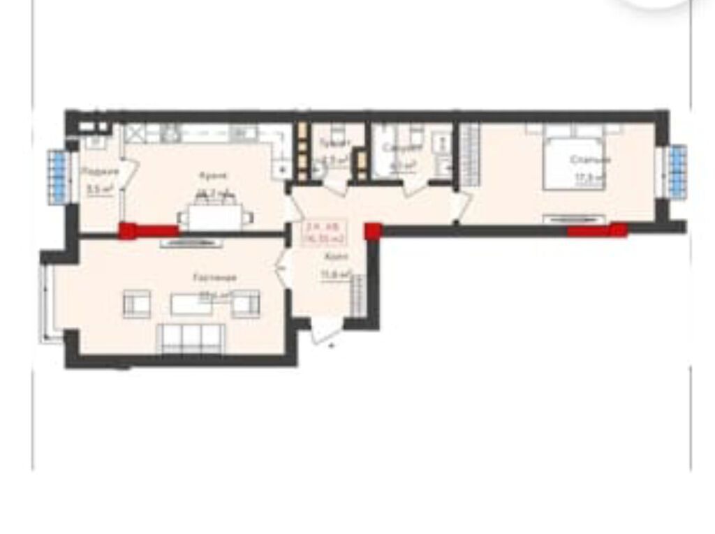 2 комнаты, 75 м², Кок-Жар ж/м Элитка, 7 этаж, ПСО (под самоотделку): фото 5