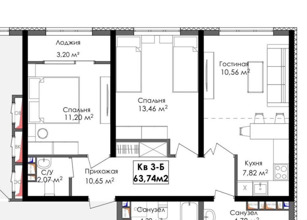 2 комнаты, 64 м², Ошский мкр., Элитка, 11 этаж, ПСО (под самоотделку): фото 2