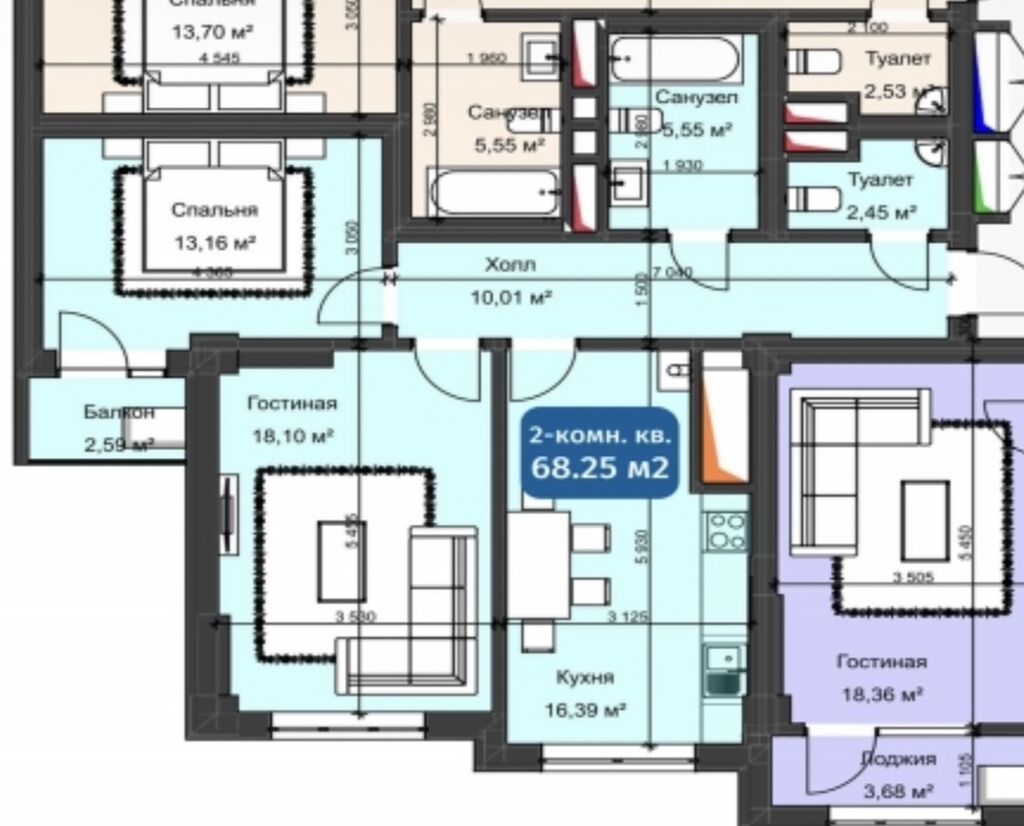 2 комнаты, 68 м², Кок-Жар ж/м Элитка, 12 этаж, ПСО (под самоотделку): фото 4