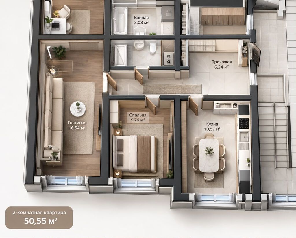 2 комнаты, 50 м², Элитка, 3 этаж, Свежий ремонт: фото 1