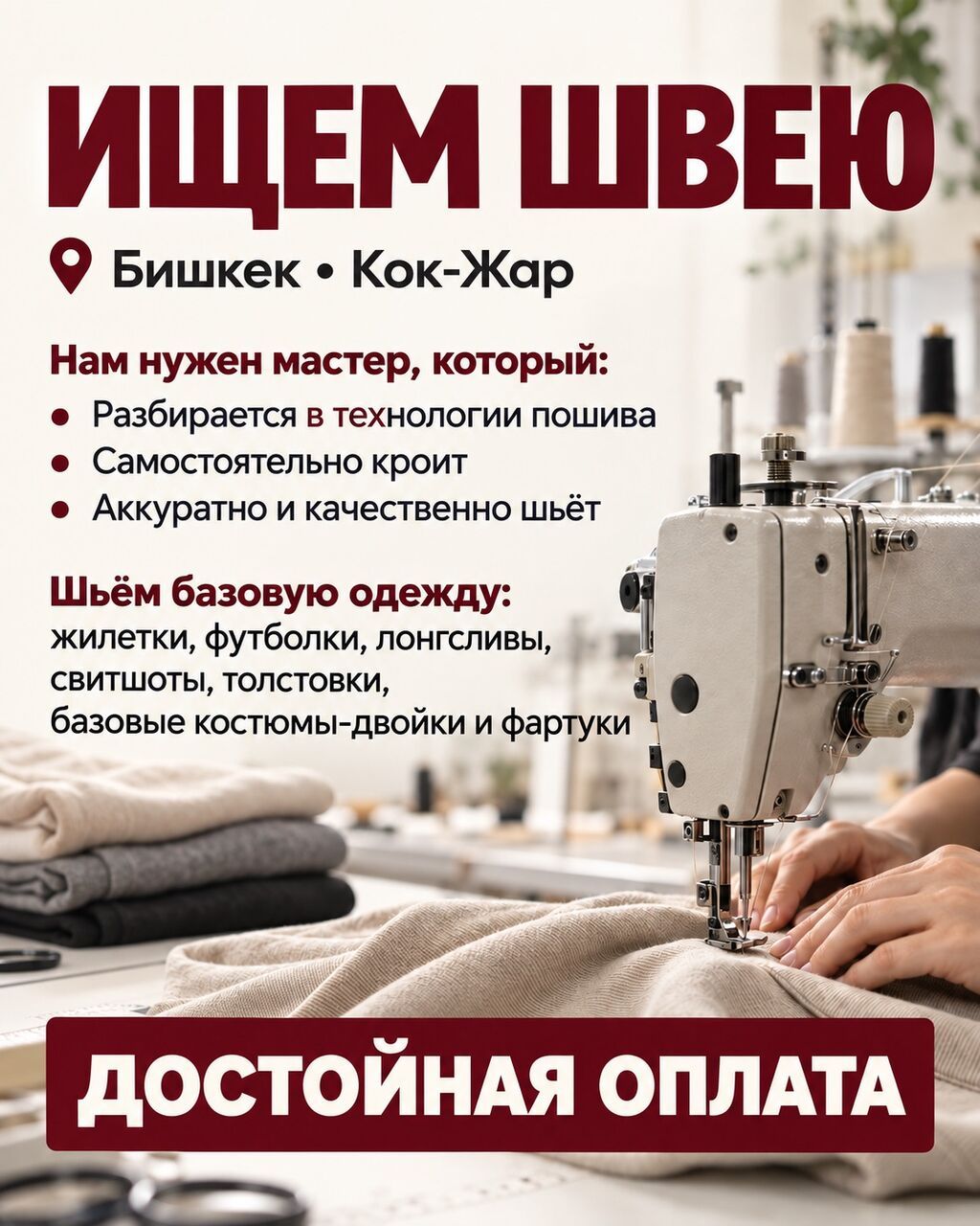 Швея-универсал на постоянную работу, Асанбай