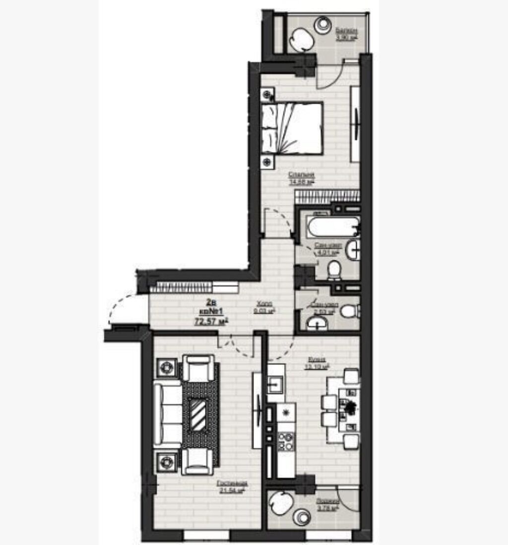 2 комнаты, 72 м², Элитка, 14 этаж, ПСО (под самоотделку)