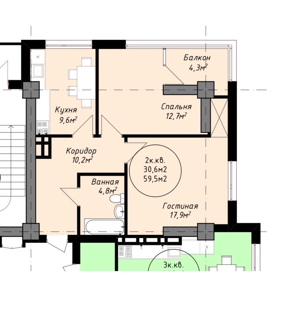2 комнаты, 60 м², Шлагбаум Элитка, 4 этаж, ПСО (под самоотделку): фото 2